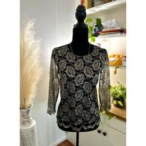 Talbots Black Lace Blouse Women’s 2 – 3/4 Sleeve Floral Lace Top